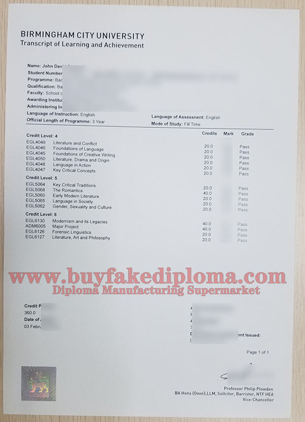  sample of Birmingham City University fake Transcript