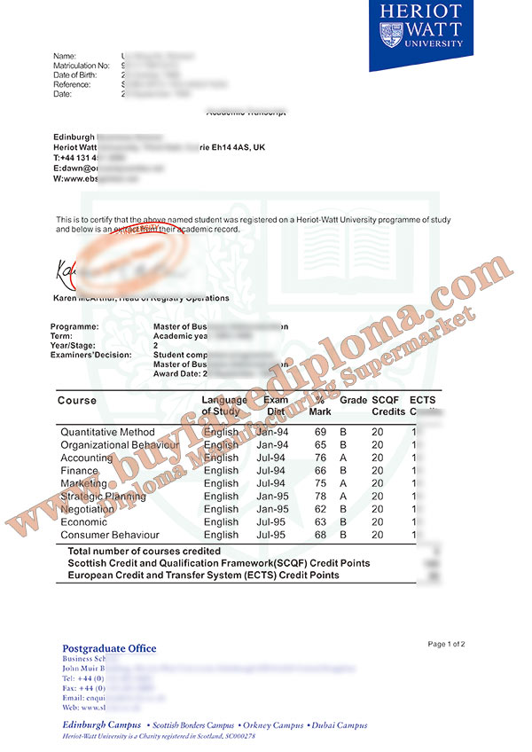 Heriot-Watt University fake Transcript sample