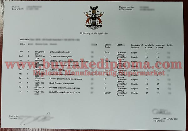 University of Hertfordshire Transcript sample