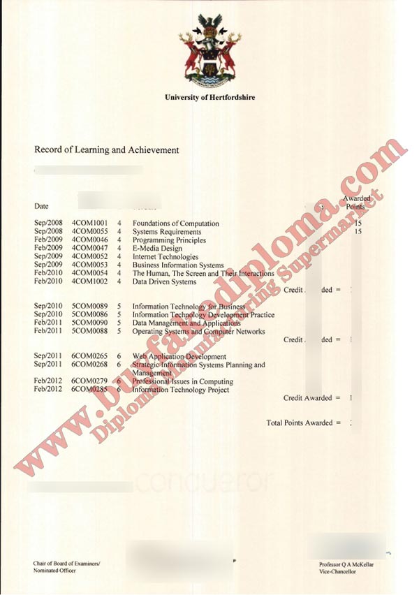 University of Hertfordshire Transcript sample