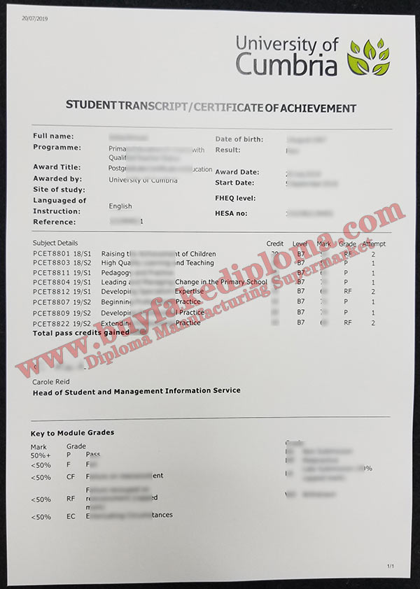 fake University of Cumbria Transcript smaple