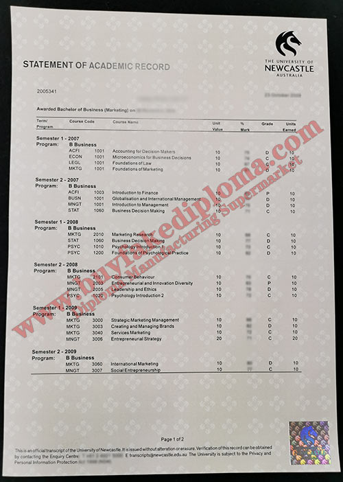 University of Newcastle fake Transcript sample