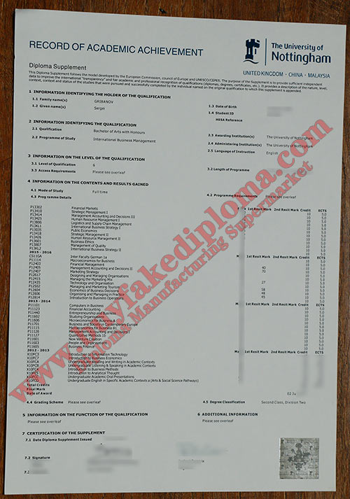 Nottingham University fake Transcript certificate sample