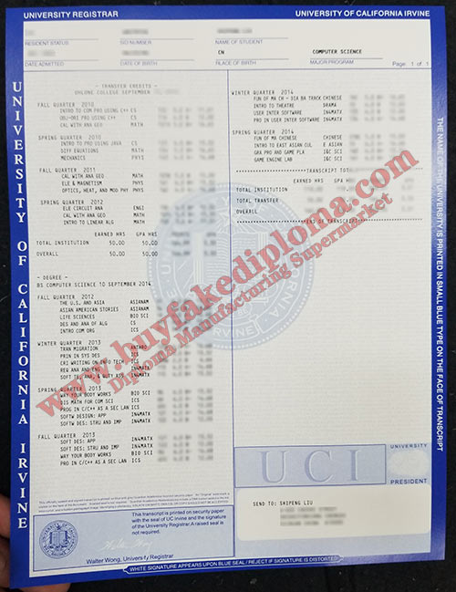 University of California Transcript Certificate sample