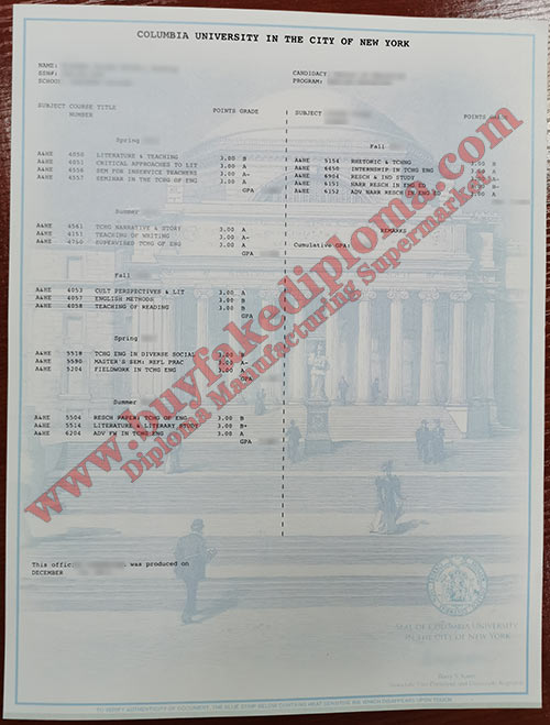 Columbia University fake Transcript certificate smaple