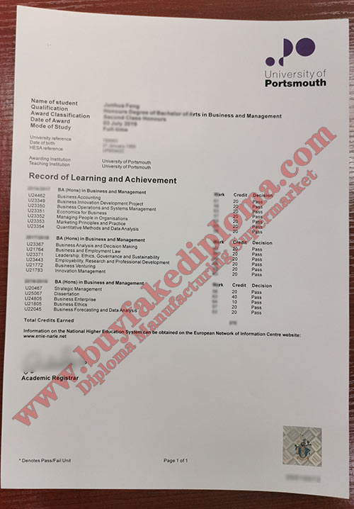 University of Portsmouth Transcript certificate sample