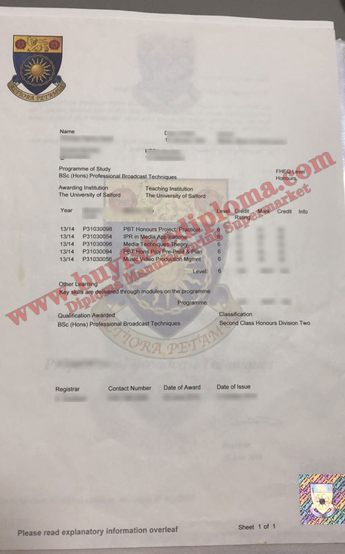 University of Salford Transcript certificate