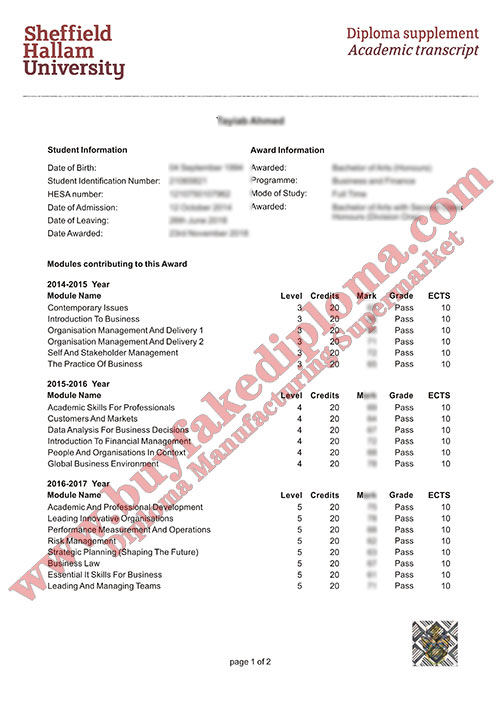 SHU Transcript certificate sample