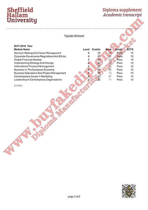 SHU Transcript certificate sample