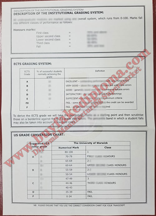 University of Warwick Transcript certificate