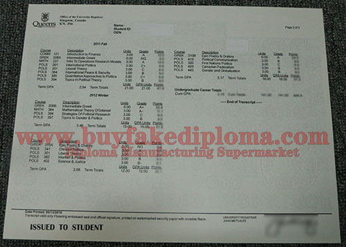 queens university Transcript certificate