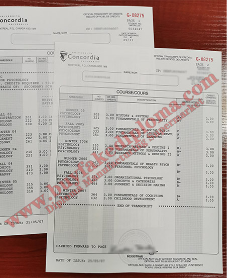 Concordia University Transcript certificate