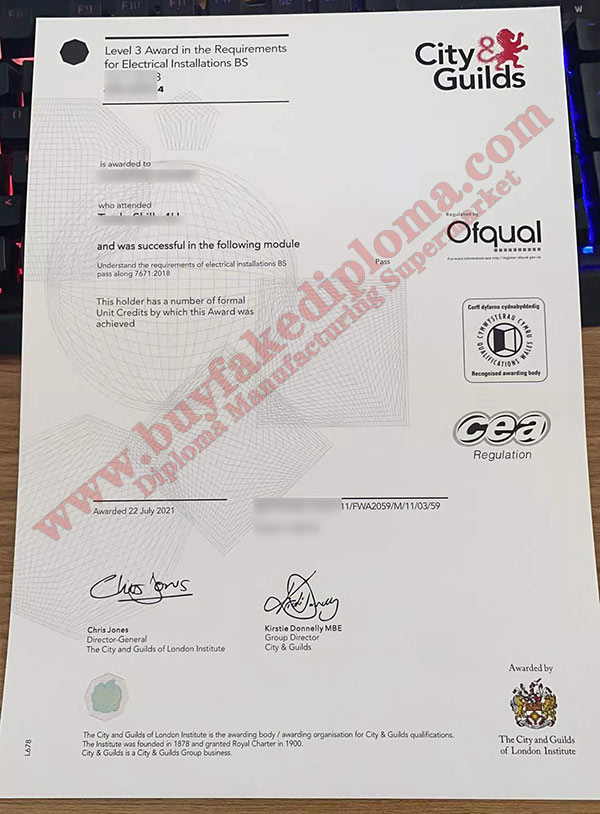 City Guilds level 3 in Electrical industry certificate sample