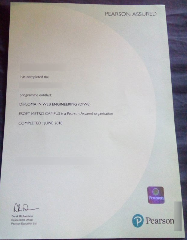 2018 Pearson BTEC Certificates Sample