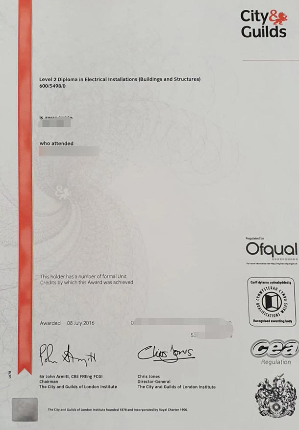 2016 City and Guilds Electrical Installation Level 2 certificate