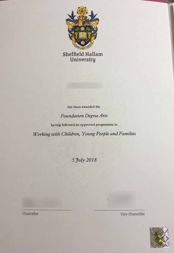 2018 Sheffield Hallam University degree sample