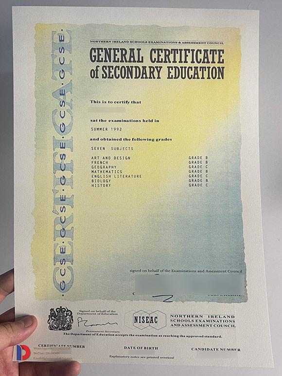 Sample NISEAC 1992 GCSE certificate