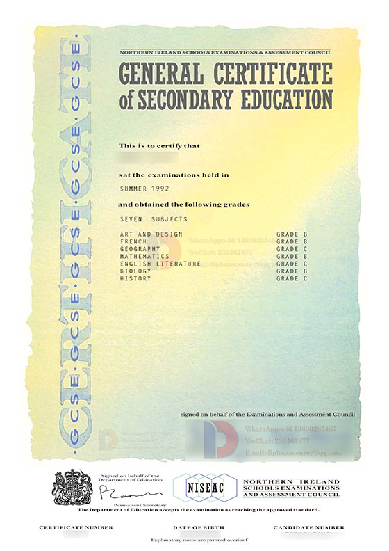 Samples NISEAC 1992 GCSE certificates