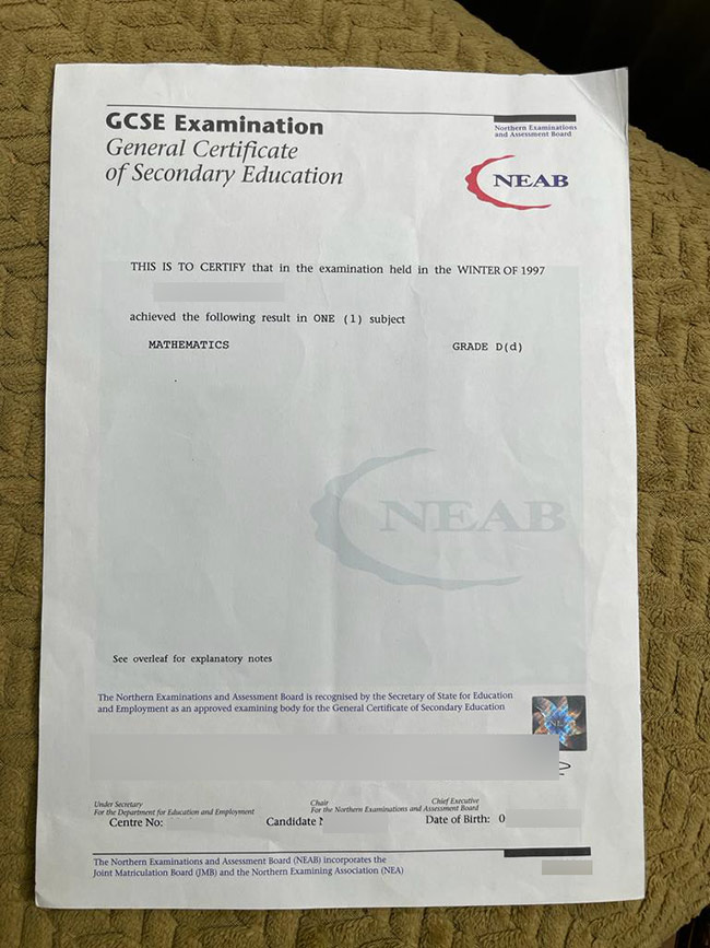 1997 version of NEBA GCSE Certificate