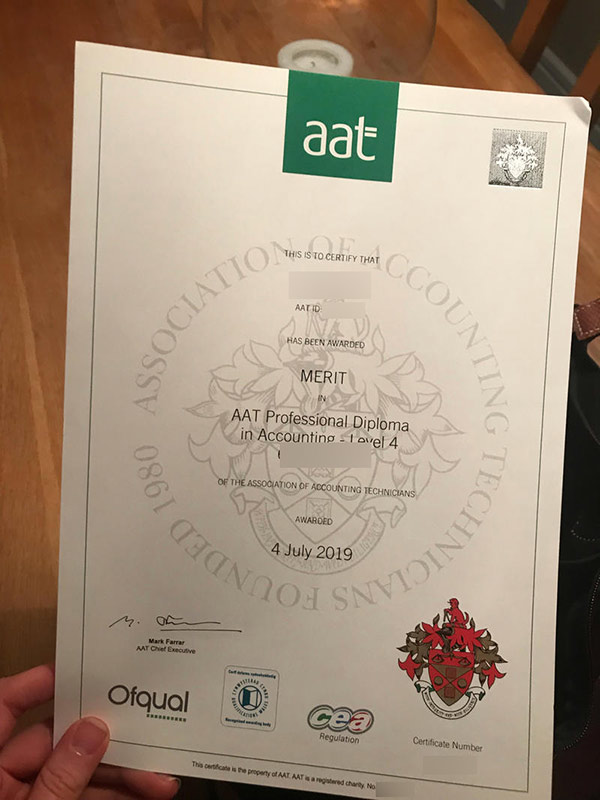 2019 AAT Level 4 Diploma Certificate