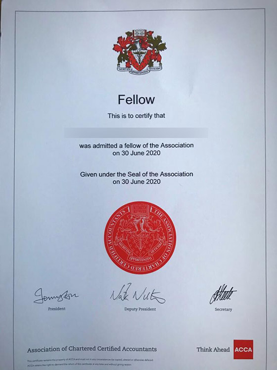 2020 ACCA Certificate Sample