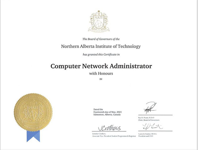 2021 Northern Alberta Institute of Technology Certificate sample