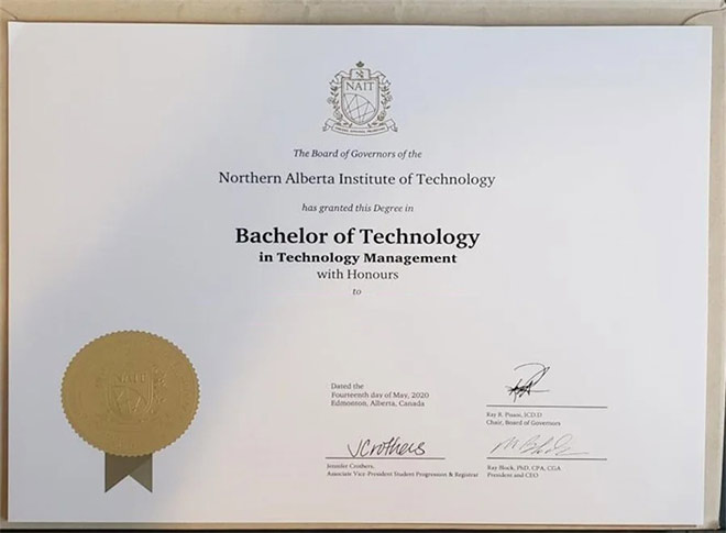 Sample Bachelor of Science degree from Northern Alberta Institute of Technology in 2020