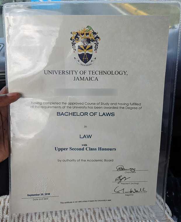 Sample LLB degree from Jamaica University of Technology 2016