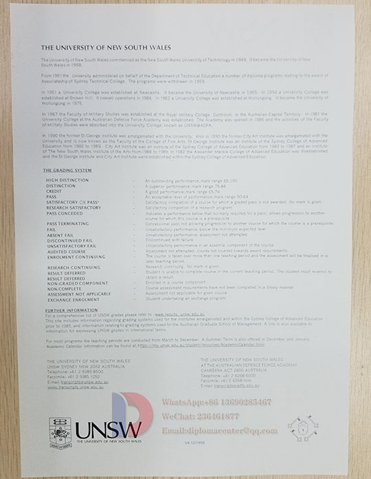 Back of the UNSW transcript