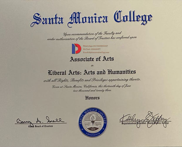 Sample of Degree Certificate from Santa Monica College in 2023