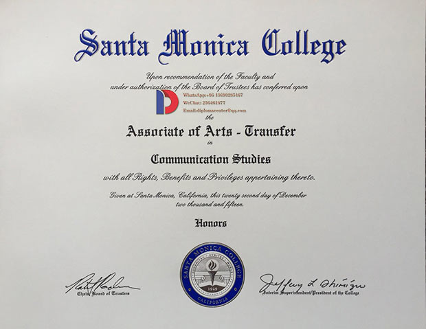 Sample of diploma certificate from Santa Monica College in 2015