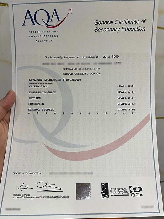 Sample of AQA GCSE Certificate from the 2000 Edition