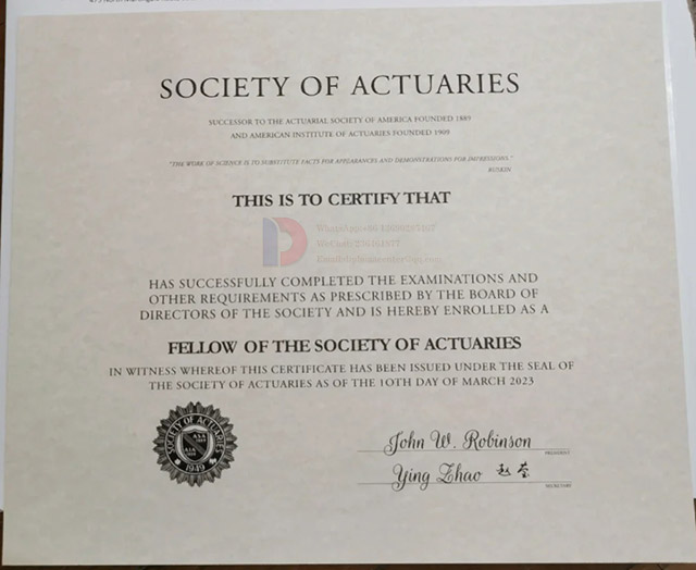 Sample of Society of Actuaries certificate in 2023