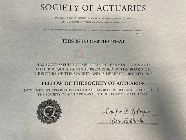 Sample of Society of Actuaries certificate in 2022
