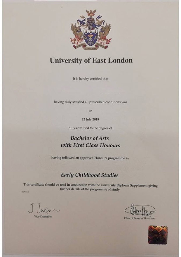 Sample case of the Bachelor of Arts degree from the University of East London in 2018