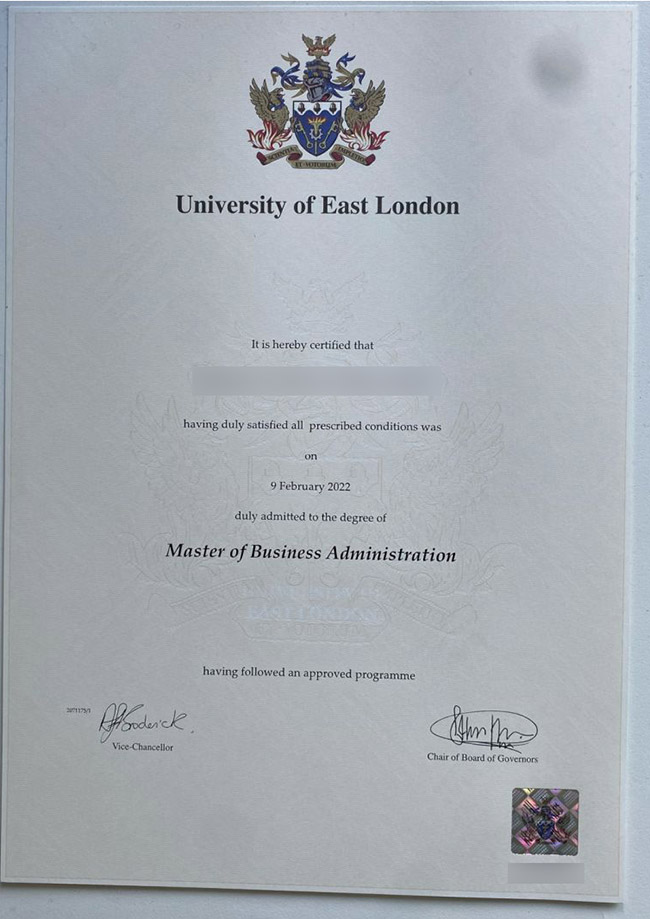 Sample of the Master of Business Administration degree from the University of East London in 2022