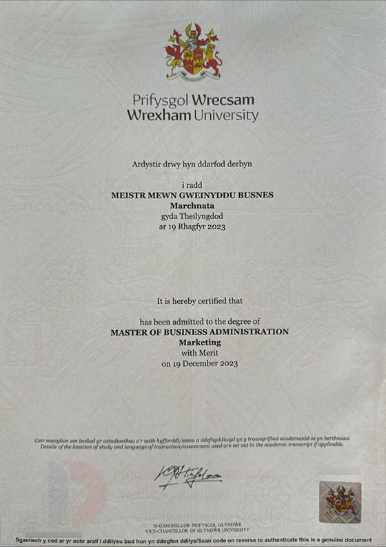 Sample of the marketing degree from Reckham University in 2023