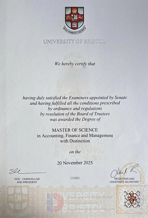 Sample of the 2025 degree certificate from the University of Bristol