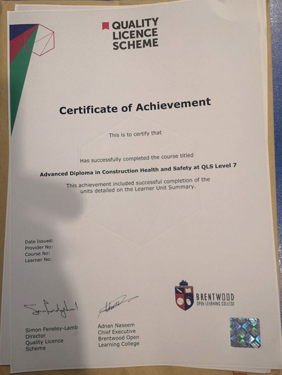 IQUALITY LICENCE SCHEME Building Health and Safety Grade 7 Diploma Certificate Sample
