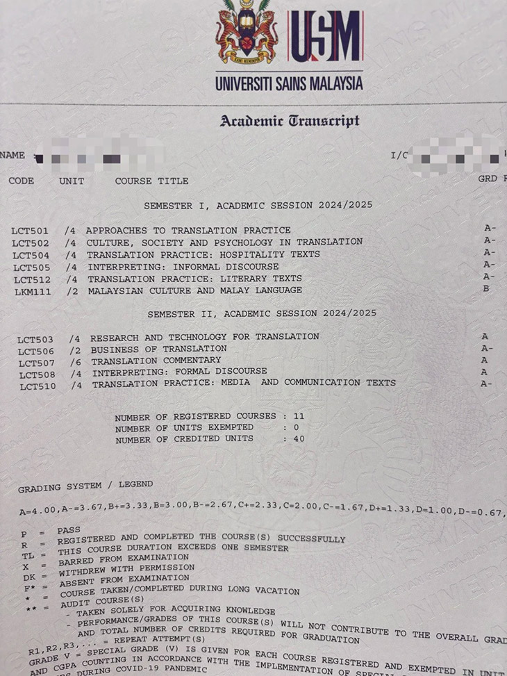 Sample of the academic transcript from the University of Science Malaysia
