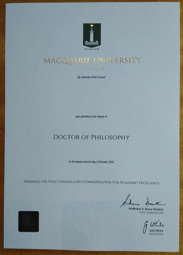 2020 Doctor of Philosophy Degree from Macquarie University Sample