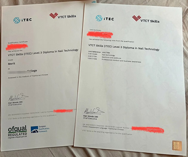 VTCT (ITEC) Level 3 Nail Technician Certificate Sample