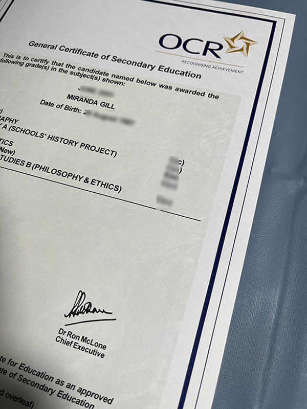 GCSE OCR certificate Sample