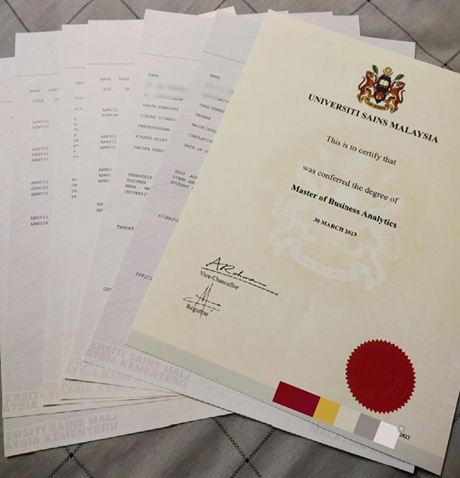 Sample of Degree and Transcript from Universiti Sains Malaysia in 2023