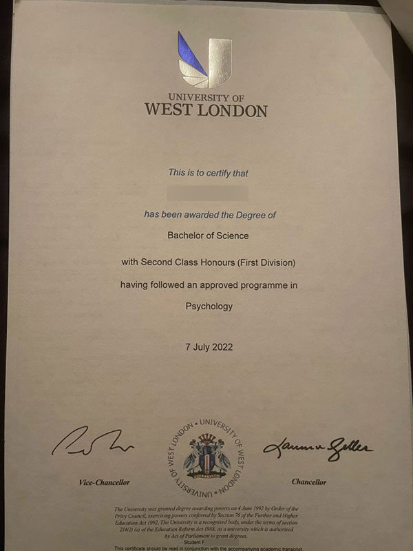 2022 University of West London Degree Sample