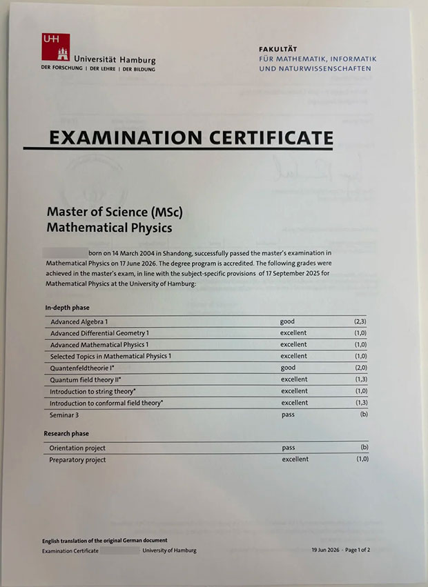 Sample of Examination Transcript from the University of Hamburg